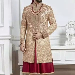 NOUVEAU DARI DORÉ BRODERIE SUR BEAU MARIÉ SHERWANI, PANT & TURBAN AVEC PERLES DE VERRE EN CRISTAL EMBELLISHED, DABKA WORK = 2024 - Product Image 1