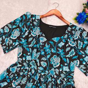 Traje bohemio de verano para mujer, vestido Midi con estampado Floral azul turquesa, Vintage, negro, línea A, elegante, algodón étnico, cintura Imperio - Product Image 2