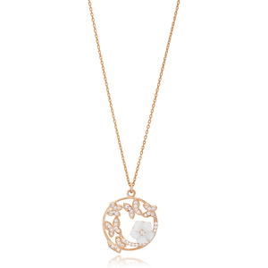 Round Shape Butterfly White Enamel Flower Design Zircon Stone Charm Necklace Turkish Handmade 925 Sterling Silver Jewelry - Product Image 6