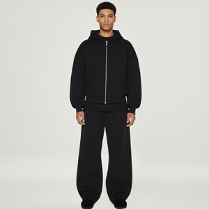 Nouvelle conception de survêtement en molleton unisexe pour l'hiver, survêtement ample à épaules tombantes pour homme, sweat-shirt à capuche zippé court et ample, pantalon de survêtement - Product Image 1