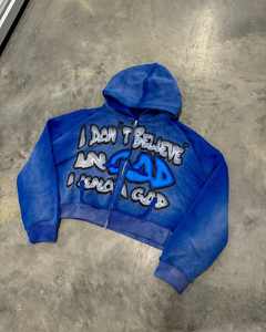 Invierno personalizado DTG impresión Logo ácido lavado peso pesado algodón Unisex recortado cuadrado desgastado Zip up Sudadera con capucha - Product Image 4