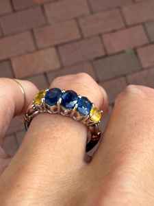 Bague de fiançailles en or 9 carats avec saphir jaune et bleu de coupe ovale authentique, best-seller, bande d'éternité mignonne, anniversaire de mariage - Product Image 5