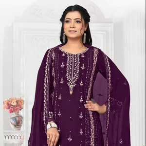 Elegante Georgette Shalwar Kameez Khatli bordado diseñador Conjunto de 4 piezas que incluye Dupatta bordado para fiestas indias - Product Image 1