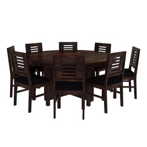 Ensemble de table à manger ronde de style européen moderne, table en bois massif rustique, chaises avec siège en cuir, 8 places, bois de teck et de mangue, utilisation hôtelière - Product Image 3
