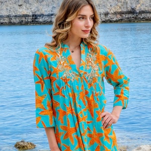 Vestido Boho con Estampado de Estrella de Mar Asimétrica, Mangas Murciélago, Largo Midi, Organza Bordada, Corte Regular, Casual de Verano para Mujer - Product Image 1