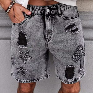 กางเกงยีนส์ขาตรงขาสั้นสีเทาดำสำหรับผู้ชายกางเกงยีนส์ขาตรงลายดาวแบบไขว้สุดอินเทรนด์กางเกงขาสั้นแฟชั่นสำหรับวัยรุ่นฤดูร้อน - Product Image 3