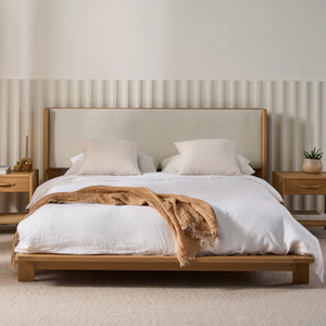 Luxury Solid Teak <b>Bed</b> Frame with Upholstered Headboard for <b>Modern</b> Bedroom Furniture - Product Image 6