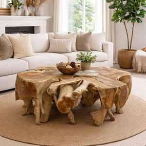 Table basse multifonctionnelle en racine de teck naturelle de haute qualité, plateau en verre, cadre en bois massif durable, style contemporain artistique, bois flotté - Product Image 5