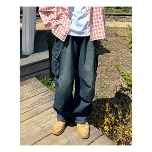 กางเกงยีนส์สำหรับผู้ชายสไตล์เกาหลีกว้างผ้าเดนิมอัดพลีตยีนส์ทรงคาร์โก้ทรงคาร์โก้ทรงหลวม2สีเสื้อผ้าลำลองนุ่มใส่สบายสไตล์เกาหลี - Product Image 6