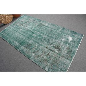 Alfombra Turca de 3.8x6.8 pies, Alfombra Vintage, Alfombra de Lana a Rayas Verde Gris - Product Image 1