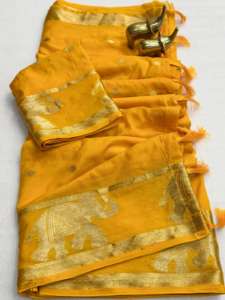 Sari indien en pur mousseline de viscose pour femme avec bordure jacquard éléphant tissée et franges de pallu - Product Image 3