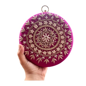 2025 Handcrafted Round Embroidered Clutch <b>Bag</b> <b>Magenta</b> with Zardozi & Pearl Work Wholesale Price for Export India - Product Image 1