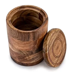 Pot de rangement artisanal en bois d'acacia avec couvercle, forme cylindrique, pour aliments, design minimaliste, récipient hermétique - Product Image 1