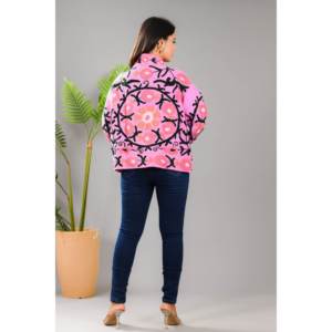Pink Flower Embroidery <b>Reversible</b> <b>Jacket</b> for Ladies Customizable Logo Quilted Boho Outerwear for Spring Autumn Short Winter Coat - Product Image 2