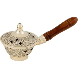 Wholesale Supplier Brass Ornate Incense Burner With Wooden Handle Home Hotel Decorative Arabian Fragrance Incense Burner