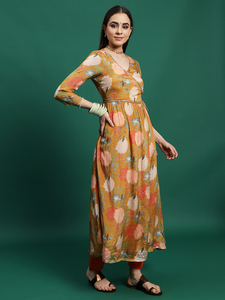 Vestido Kurti Elegante para Mujer, Estilo Étnico Indio, Largo hasta la Rodilla, Cuello en V, Manga Larga, Tela CREAP, para Verano, Diseño Liso, con Detalles a Máquina - Product Image 4