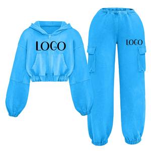 2025 Latest New Design Custom Hip Hop Acid Wash <b>Zip</b> <b>Up</b> <b>Crop</b> <b>Hoodie</b> And Baggy Sweatpants Tracksuit Comfortable Breathable - Product Image 5