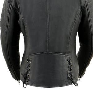 แจ็กเก็ตหนังแท้สีดำสำหรับผู้หญิง, แจ็กเก็ตหนังมอเตอร์ไซค์แจ็คเก็ตหนังสีดำ - Product Image 4