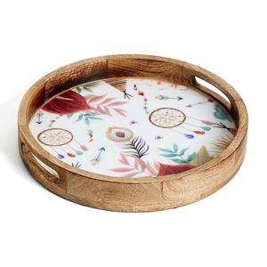 WOOD ART STORE Bandeja redonda de madera para servir Hermosa bandeja para decoración del hogar Cocina o bandeja redonda de madera o SAAGA redonda - Product Image 1