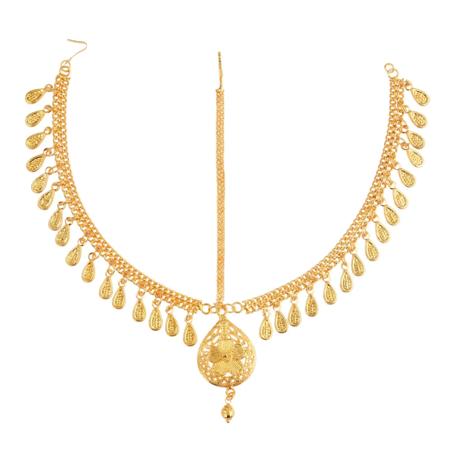 女性のためのインドのジュエリードバイスタイルのMaangTikkaヘッドチェーン付きMathapatti Matha Patti Indian Gold Plated Drop Floral MaangTikka