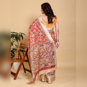 Sari de Algodón y Lino con Estampado Kalamkari Artístico al por Mayor, con Borde de Zari, Motivos GG-622, Destacado Principal de Alta Resolución - Product Image 6
