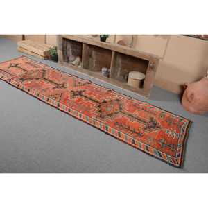 2.7x11.2 ft Vintage <b>Runner</b> Rug, Turkish <b>Red</b> Floral Rug - Product Image 3