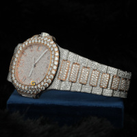 Montre automatique pour homme en acier inoxydable, style hip-hop, avec diamants taillés brillants, clarté VVS, fermoir caché à bouton-poussoir, cadran en verre