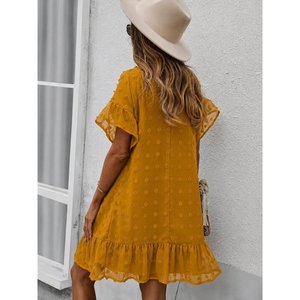Robe courte en mousseline de soie à pois pour femme, col en V, manches courtes, 34676 - Moutarde - Product Image 2
