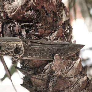 มีดพับแคมป์ปิ้งสุดเท่ รุ่นใหม่ ปี 2023 ลายใบมีดดามัสกัสสุดพิเศษ พร้อมด้ามไม้และปลอกหนัง - Product Image 3