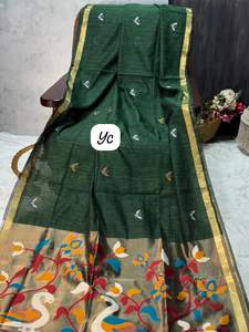 Sari en lin indien doux pour femmes avec un riche tissage en zari Meena, pallu en tissu, bordure en zari, motif Meena Butti sur toute la surface - Product Image 4