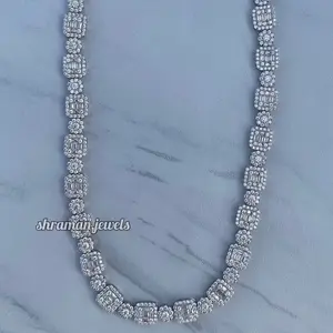 Men's baguette Diamond Cluster tennis chain Link necklace Sterling Silver Round diamond choker icy Moissanite Diamond necklace