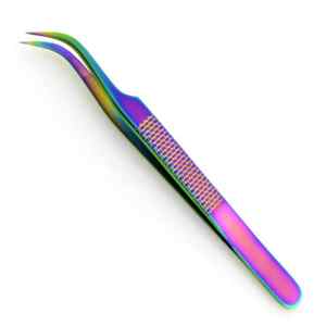 Pince à épiler d'extension de cils incurvée à 75 degrés en acier inoxydable de qualité professionnelle avec revêtement plasma arc-en-ciel - Product Image 1