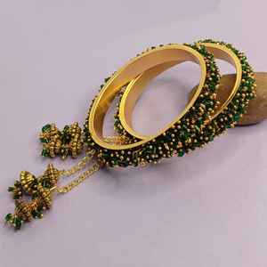 Indian Traditional Jewellery Gold Plated Faux Pearl Beaded Charm Hanging Tassel Bangles Weddings Jewellery For <b>Women</b>, Green - Product Image 2