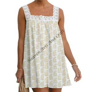 Robes imprimées à la main en bloc de couleur, vêtements imprimés à la main, robe décontractée pour femmes, haut en dentelle court, 100% coton, haut en dentelle, vêtements pour filles - Product Image 5