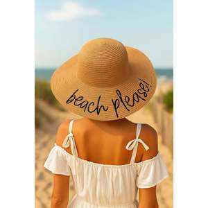 Beach Please Embroidered Camel Straw <b>Hat</b> Hsr2029 - Camel - Product Image 1