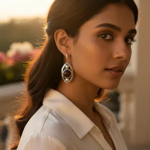 Pendientes de Plata 925 con Gema Marrón, Baño de Oro Rosa, Diseño Geométrico para Bodas y Fiestas, Piedra Platino-Perla-Diamante - Product Image 1