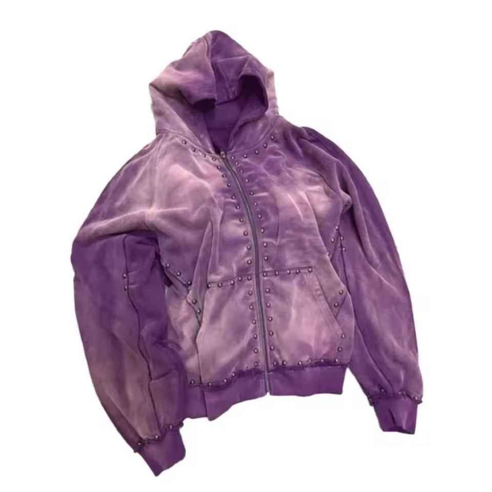 Latest Arrival Streetwear Style Men Acid Wash Hoodies Distressed Embroidery Zipper Stone Men Sun Faded Zip Up Hoodie