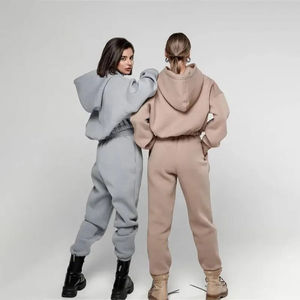Fall Winter Thick Elastic Waist Hooded Tracksuit Manufacturer Custom Logo Women Oversized 100% Cotton Sweatpants <b>Hoodie</b> 2 Piece - Product Image 3