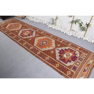 Vintage Rug, Runner 2.8x11.6 ft Turkish Rug, <b>Brown</b> Bordered <b>Wool</b> Rug - Product Image 4
