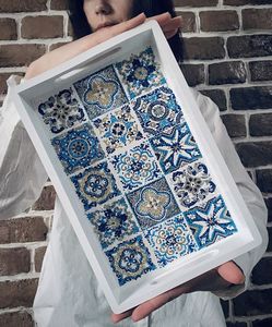 Premium Handmade Wooden Serving <b>Tray</b> White Blue Floral Pattern Rectangular Food <b>Tray</b> For Coffee Table Home Decor Ottoman Hotel - Product Image 3