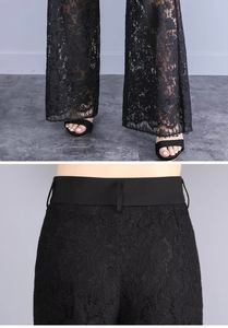 Pantalon droit vertical taille haute pour femme Pantalon d'été pour femme Short en dentelle évidée Empilé - Product Image 2