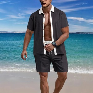 2025 été nouveaux hommes Europe et États-Unis décontracté gaufré chemise de vacances à manches courtes deux shorts ensemble - Product Image 2