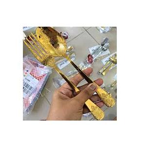 Aspecto increíble oro largo plano grueso final Mango en relieve diseño boda juego de cubiertos barato reutilizable gran oferta Popular occidental - Product Image 1