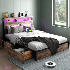 מכירה חמה בסגנון עיצוב בית חווה מתכת פלטפורמת ראש מיטה עם יציאת USB ושקע, 4 מגירות אחסון, תאורת לד RGB