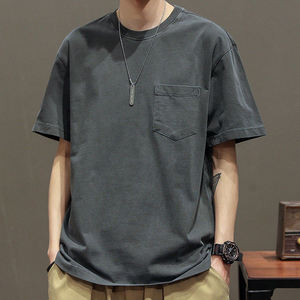 T-shirt à manches courtes surdimensionné à col en O personnalisé, impression de poche, logo, unisexe, sérigraphié pour hommes avec poche, usine chinoise - Product Image 4