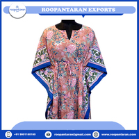 Kaftan marocain de luxe confortable en voile de coton doux imprimé à la main, taille standard, vêtement de nuit, grande taille, coupe droite courte, naturel