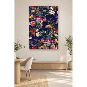 Impression sur toile de perroquets et de fleurs sur fond bleu marine - Product Image 2