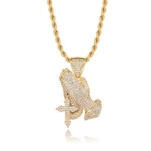 Collier tendance tendance en plaqué or 14 carats avec pendentif en moissanite et diamant style hip hop avec mains en prière bijoux de mode - Product Image 2