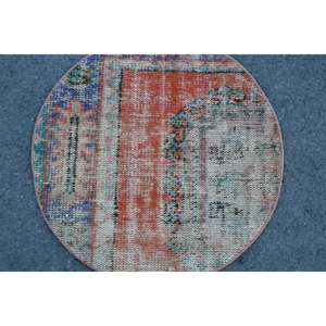 Alfombra turca de lana naranja y azul vintage con respaldo de látex-Respetuoso con el medio ambiente 2.3ft X 2.3ft - Product Image 5