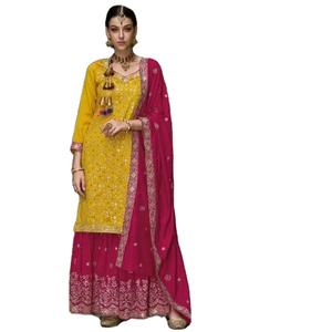 Premium lourd Jaam coton femmes multicolore indien et pakistanais Palazzo Dupatta broderie séquences miroir travail couture complète - Product Image 1